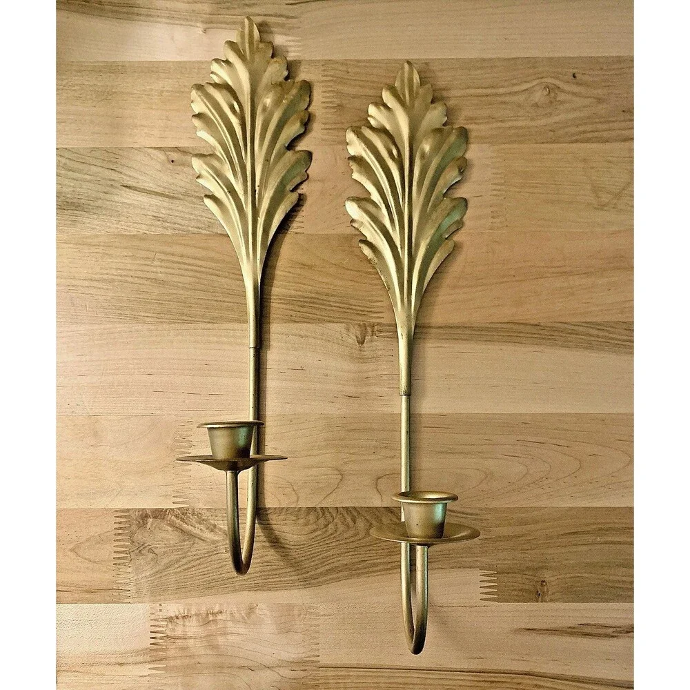 Vtg Metal Acanthus Leaf MCM Wall Candle Sconces Pair Gold Hollywood Regency 15